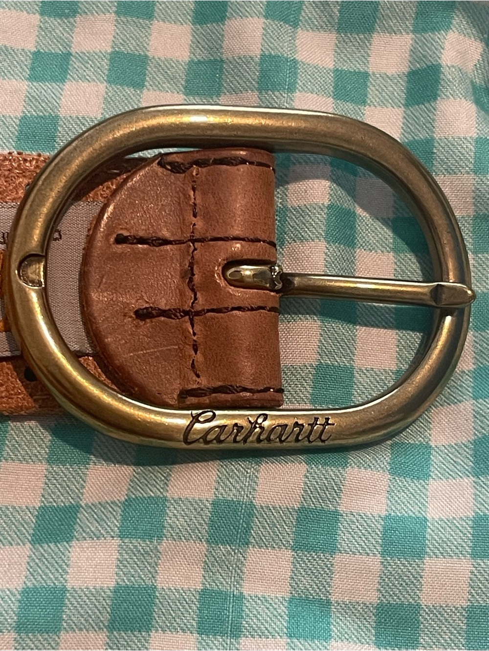 Carhartt Brown Leather Belt with Brass Oval Buckle and Engraved Logo